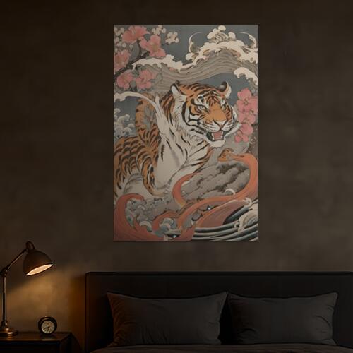 虎 桜 波 岩 龍 タペストリー 和柄 和風 大きい 男気 日本画風 入れ墨風 アウトロー 縦型 縦配信 大自然 インテリア 撮影背景 壁掛け 大判 長方形 壁布 白 オレンジ 黒