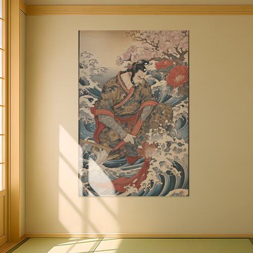 武士 波 桜 着物 刀 タペストリー 和柄 和風 大きい 男気 日本画風 入れ墨風 アウトロー 縦型 縦配信 大自然 インテリア 撮影背景 壁掛け 大判 長方形 壁布 ベージュ 青 赤