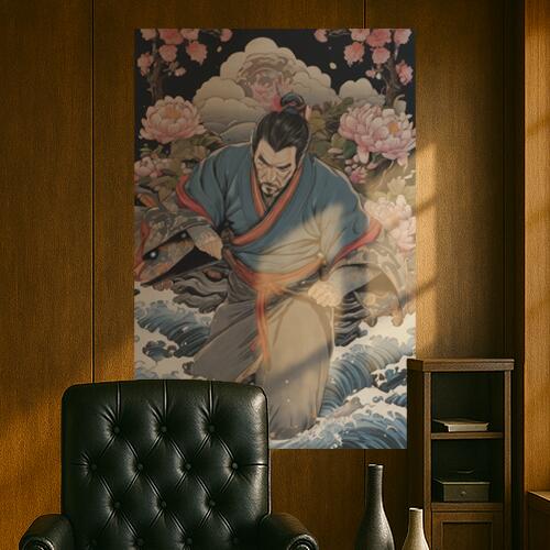 武士 波 花 着物 雲 タペストリー 和柄 和風 大きい 男気 日本画風 入れ墨風 アウトロー 縦型 縦配信 大自然 インテリア 撮影背景 壁掛け 大判 長方形 壁布 青 赤 ピンク