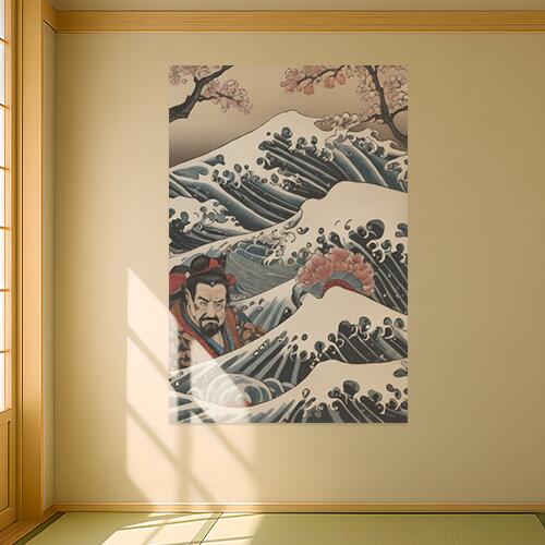 波 武士 桜 扇子 海 タペストリー 和柄 和風 大きい 男気 日本画風 入れ墨風 アウトロー 縦型 縦配信 大自然 インテリア 撮影背景 壁掛け 大判 長方形 壁布 白 青 紺