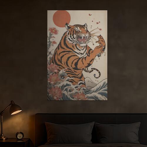 虎 波 太陽 花 力 タペストリー 和柄 和風 大きい 男気 日本画風 入れ墨風 アウトロー 縦型 縦配信 大自然 インテリア 撮影背景 壁掛け 大判 長方形 壁布 オレンジ 黒 赤
