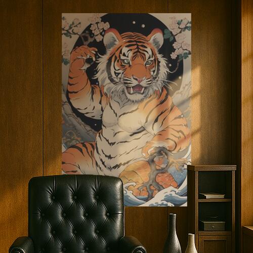 虎 波 桜 月 山 タペストリー 和柄 和風 大きい 男気 日本画風 入れ墨風 アウトロー 縦型 縦配信 大自然 インテリア 撮影背景 壁掛け 大判 長方形 壁布 オレンジ 白 黒