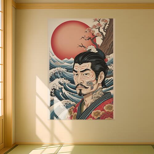 侍 波 太陽 桜 刺青 タペストリー 和柄 和風 大きい 男気 日本画風 入れ墨風 アウトロー 縦型 縦配信 大自然 インテリア 撮影背景 壁掛け 大判 長方形 壁布 赤 黒 ベージュ