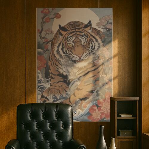 虎 花 月 波 桜 タペストリー 和柄 和風 大きい 男気 日本画風 入れ墨風 アウトロー 縦型 縦配信 大自..