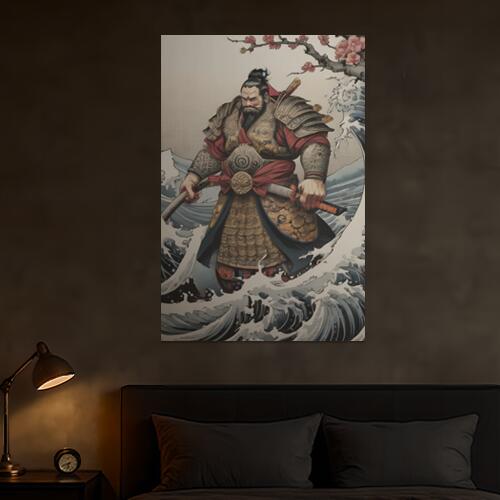 武士 鎧 波 梅 戦士 タペストリー 和柄 和風 大きい 男気 日本画風 入れ墨風 アウトロー 縦型 縦配信 大自然 インテリア 撮影背景 壁掛け 大判 長方形 壁布 ベージュ 赤 グレー