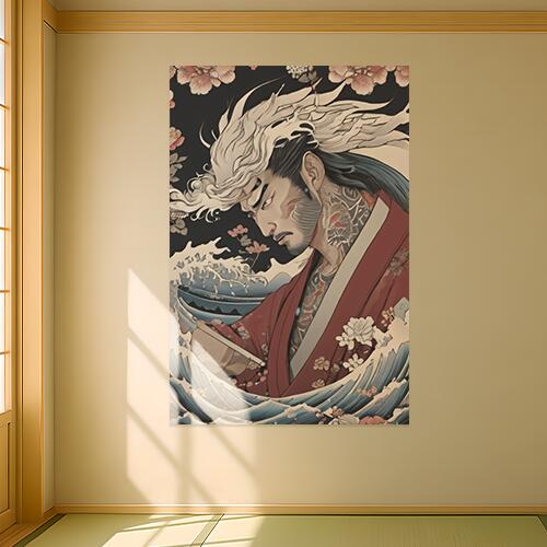 侍 着物 刺青 波 花 タペストリー 和柄 和風 大きい 男気 日本画風 入れ墨風 アウトロー 縦型 縦配信 大自然 インテリア 撮影背景 壁掛け 大判 長方形 壁布 赤 白 黒