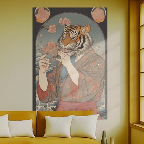 虎 着物 花 波 日本画 タペストリー 和柄 和風 大きい 男気 日本画風 入れ墨風 アウトロー 縦型 縦配信 大自然 インテリア 撮影背景 壁掛け 大判 長方形 壁布 オレンジ ベージュ ピンク
