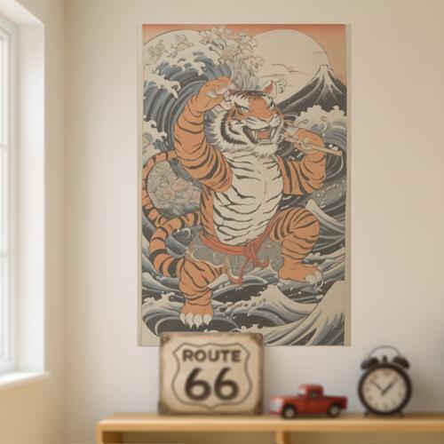 虎 波 月 富士山 花 タペストリー 和柄 和風 大きい 男気 日本画風 入れ墨風 アウトロー 縦型 縦配信 大自然 インテリア 撮影背景 壁掛け 大判 長方形 壁布 オレンジ 黒 白