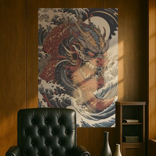 龍 海 波 月 鱗 タペストリー 和柄 和風 大きい 男気 日本画風 入れ墨風 アウトロー 縦型 縦配信 大自然 インテリア 撮影背景 壁掛け 大判 長方形 壁布 赤 グレー 黒