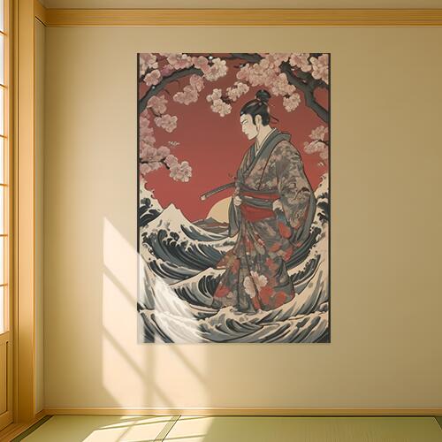 武士 桜 波 着物 日本画 タペストリー 和柄 和風 大きい 男気 日本画風 入れ墨風 アウトロー 縦型 縦配信 大自然 インテリア 撮影背景 壁掛け 大判 長方形 壁布 赤 グレー ピンク