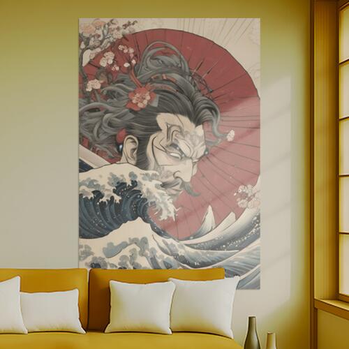 武士 波 桜 傘 侍 タペストリー 和柄 和風 大きい 男気 日本画風 入れ墨風 アウトロー 縦型 縦配信 大..