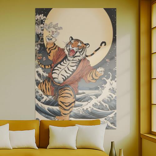 虎 月 波 着物 桜 タペストリー 和柄 和風 大きい 男気 日本画風 入れ墨風 アウトロー 縦型 縦配信 大自然 インテリア 撮影背景 壁掛け 大判 長方形 壁布 オレンジ 白 黒