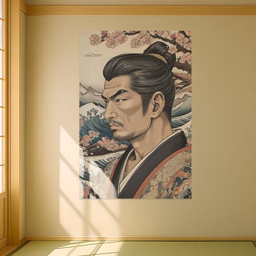 武士 侍 日本画 桜 波 タペストリー 和柄 和風 大きい 男気 日本画風 入れ墨風 アウトロー 縦型 縦配信 大自然 インテリア 撮影背景 壁掛け 大判 長方形 壁布 黒 ベージュ 白