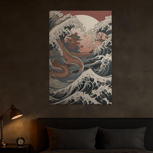 波 龍 船 太陽 妖怪 タペストリー 和柄 和風 大きい 男気 日本画風 入れ墨風 アウトロー 縦型 縦配信 大自然 インテリア 撮影背景 壁掛け 大判 長方形 壁布 白 紺 黒