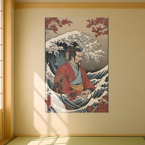 武士 波 桜 着物 日本画 タペストリー 和柄 和風 大きい 男気 日本画風 入れ墨風 アウトロー 縦型 縦配信 大自然 インテリア 撮影背景 壁掛け 大判 長方形 壁布 赤 青 白