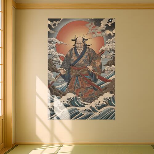 武士 海 波 太陽 着物 タペストリー 和柄 和風 大きい 男気 日本画風 入れ墨風 アウトロー 縦型 縦配信 大自然 インテリア 撮影背景 壁掛け 大判 長方形 壁布 赤 黒 青