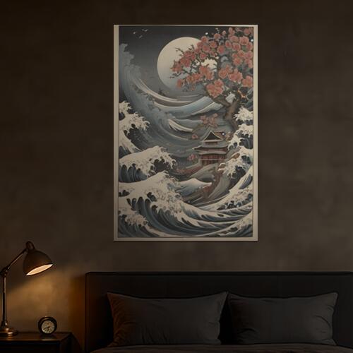 波 月 桜 神社 海 タペストリー 和柄 和風 大きい 男気 日本画風 入れ墨風 アウトロー 縦型 縦配信 大自然 インテリア 撮影背景 壁掛け 大判 長方形 壁布 紺 白 グレー