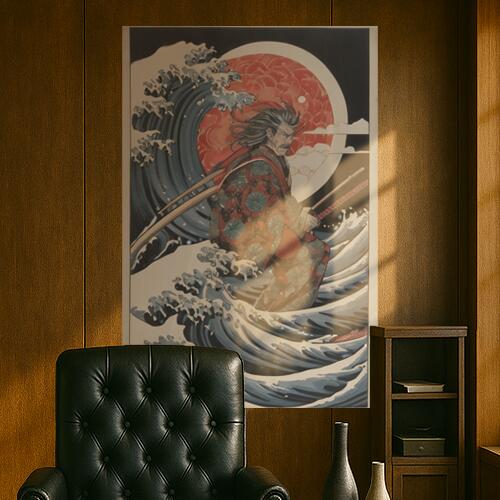波 武士 月 着物 刀 タペストリー 和柄 和風 大きい 男気 日本画風 入れ墨風 アウトロー 縦型 縦配信 大自然 インテリア 撮影背景 壁掛け 大判 長方形 壁布 青 紺 赤