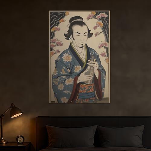 武士 着物 日本画 桜 酒 タペストリー 和柄 和風 大きい 男気 日本画風 入れ墨風 アウトロー 縦型 縦配信 大自然 インテリア 撮影背景 壁掛け 大判 長方形 壁布 青 紺 白