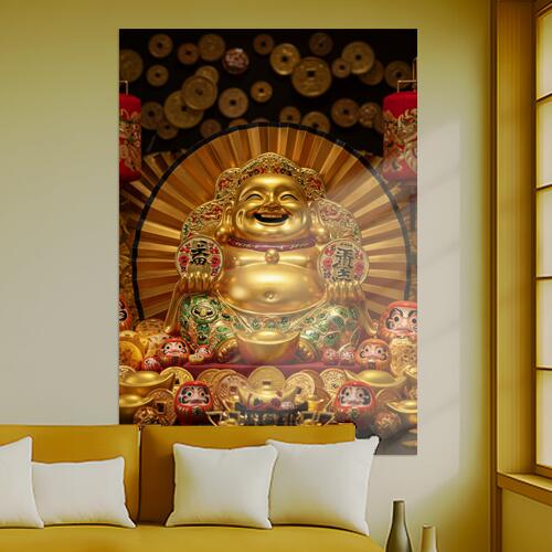 布袋 金運 招福 縁起物 開運 タペストリー ビリケンさん 商売繁盛 和柄 和風 大きい 男気 アウトロー 縦型 縦配信 撮影背景 壁掛け 大判 長方形 壁布 金色 赤 緑