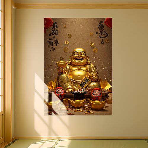 布袋 金運 招福 縁起物 富 タペストリー ビリケンさん 商売繁盛 和柄 和風 大きい 男気 アウトロー 縦型 縦配信 撮影背景 壁掛け 大判 長方形 壁布 金色 赤 ベージュ