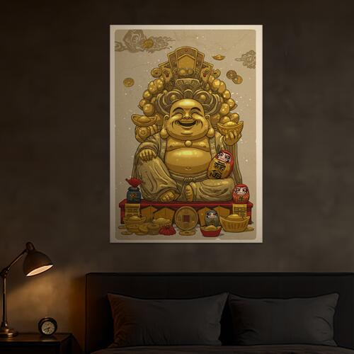 布袋 金運 招福 縁起物 七福神 タペストリー ビリケンさん 商売繁盛 和柄 和風 大きい 男気 アウトロー 縦型 縦配信 撮影背景 壁掛け 大判 長方形 壁布 金色 赤 ベージュ