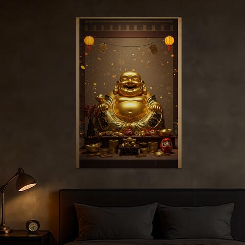 布袋 金運 幸運 富 繁栄 タペストリー ビリケンさん 商売繁盛 和柄 和風 大きい 男気 アウトロー 縦型 縦配信 撮影背景 壁掛け 大判 長方形 壁布 黄色 ベージュ 赤