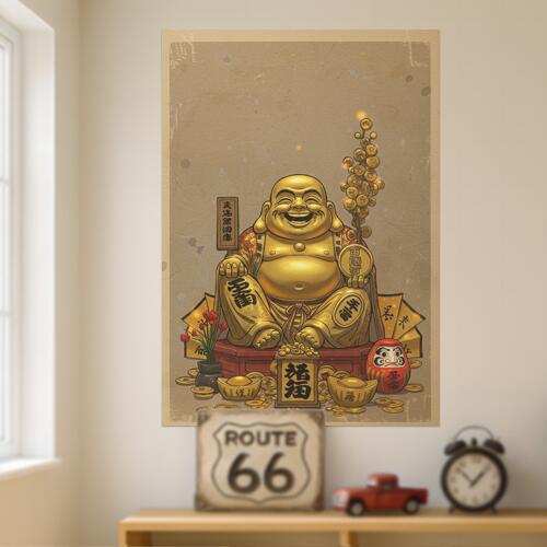 布袋 金運 縁起物 七福神 大黒天 タペストリー ビリケンさん 商売繁盛 和柄 和風 大きい 男気 アウトロー 縦型 縦配信 撮影背景 壁掛け 大判 長方形 壁布 黄色 ベージュ 赤