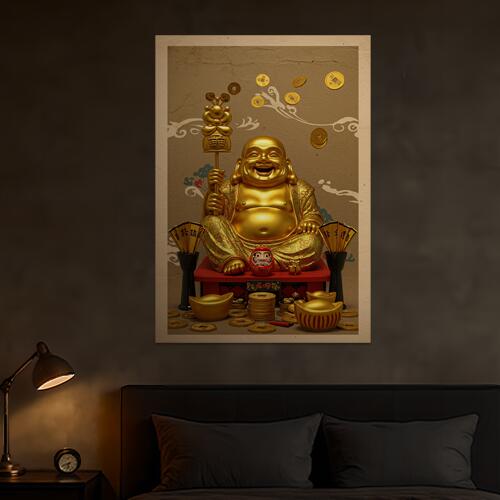 布袋 金運 縁起物 幸運 富 タペストリー ビリケンさん 商売繁盛 和柄 和風 大きい 男気 アウトロー 縦型 縦配信 撮影背景 壁掛け 大判 長方形 壁布 金色 赤 黒