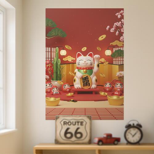 招き猫 ダルマ 小判 竹 梅の花 タペストリー 商売繁盛 和柄 和風 幸運 運気上昇 大きい 男気 アウトロー 縦型 縦配信 撮影背景 壁掛け 大判 長方形 壁布 赤 白 黄色