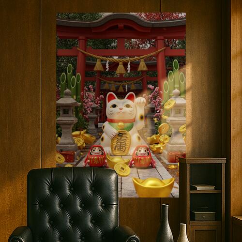 招き猫 鳥居 だるま 小判 竹 タペストリー 商売繁盛 和柄 和風 幸運 運気上昇 大きい 男気 アウトロー 縦型 縦配信 撮影背景 壁掛け 大判 長方形 壁布 赤 白 黄色