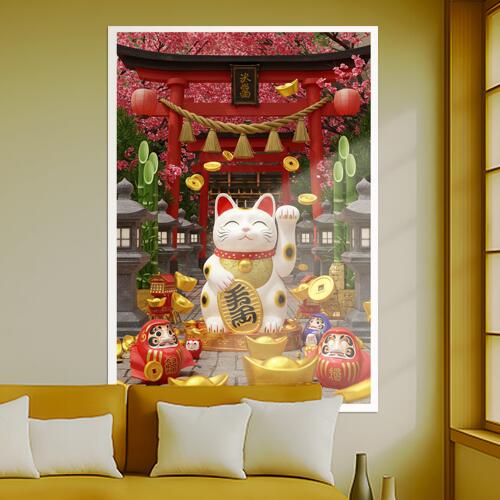 招き猫 鳥居 だるま 小判 提灯 タペストリー 商売繁盛 和柄 和風 幸運 運気上昇 大きい 男気 アウトロー 縦型 縦配信 撮影背景 壁掛け 大判 長方形 壁布 赤 白 黄色