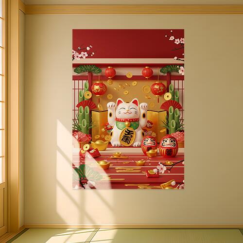 招き猫 達磨 小判 金 ランタン タペストリー 商売繁盛 和柄 和風 幸運 運気上昇 大きい 男気 アウトロー 縦型 縦配信 撮影背景 壁掛け 大判 長方形 壁布 赤 白 黄色