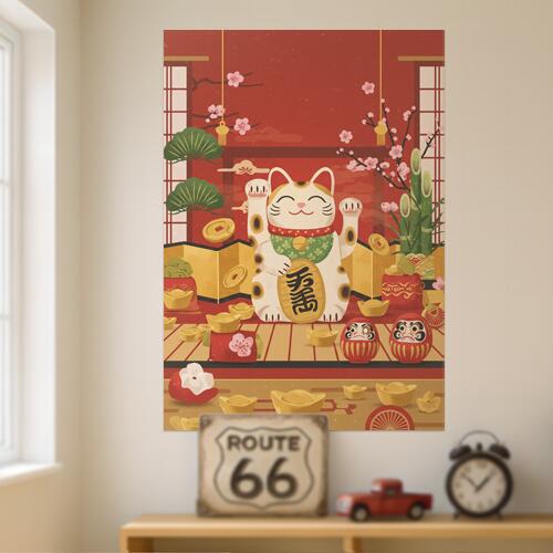 招き猫 小判 だるま 梅の花 竹 タペストリー 商売繁盛 和柄 和風 幸運 運気上昇 大きい 男気 アウトロー 縦型 縦配信 撮影背景 壁掛け 大判 長方形 壁布 赤 ピンク オレンジ
