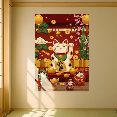 招き猫 金運 達磨 竹 梅の花 タペストリー 商売繁盛 和柄 和風 幸運 運気上昇 大きい 男気 アウトロー 縦型 縦配信 撮影背景 壁掛け 大判 長方形 壁布 赤 ピンク 黄色