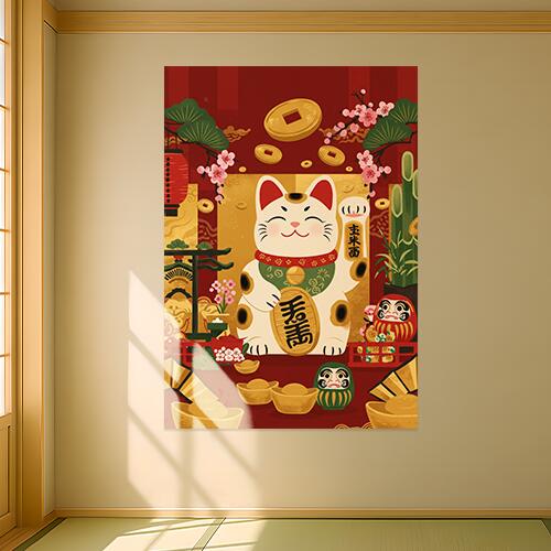 招き猫 まねきねこ 金運 商売繁盛 縁起物 タペストリー 和柄 和風 幸運 運気上昇 大きい 男気 アウトロー 縦型 縦配信 撮影背景 壁掛け 大判 長方形 壁布 赤 白 黄色