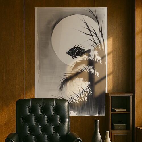月 魚 木 水墨画 掛け軸 タペストリー 和柄 和風 日本画風 男気 大和魂 厳つい インテリア 大きい 縦型 縦配信 撮影背景 壁掛け 大判 長方形 壁布 白 黒 グレー
