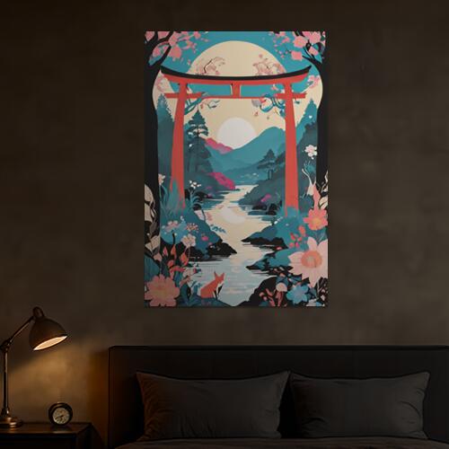 鳥居 山 川 花 狐 タペストリー 和柄 和風 日本画風 男気 大和魂 厳つい インテリア 大きい 縦型 縦配信 撮影背景 壁掛け 大判 長方形 壁布 赤 青 ピンク
