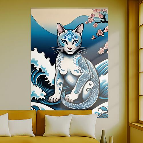 猫 波 桜 和風 タトゥー タペストリー 和柄 日本画風 男気 大和魂 厳つい インテリア 大きい 縦型 縦配..