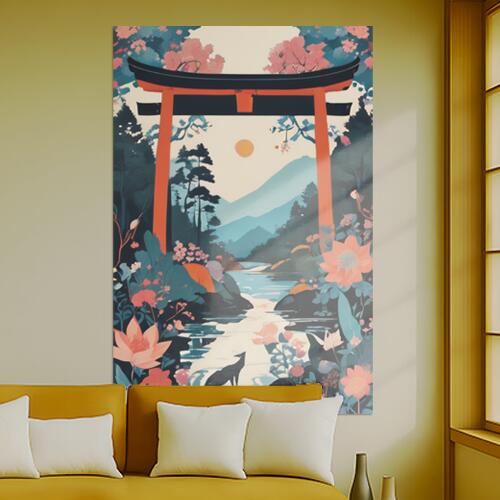 鳥居 山 川 花 オオカミ タペストリー 和柄 和風 日本画風 男気 大和魂 厳つい インテリア 大きい 縦型 縦配信 撮影背景 壁掛け 大判 長方形 壁布 赤 ピンク オレンジ