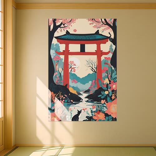 鳥居 桜 猫 川 山 タペストリー 和柄 和風 日本画風 男気 大和魂 厳つい インテリア 大きい 縦型 縦配..