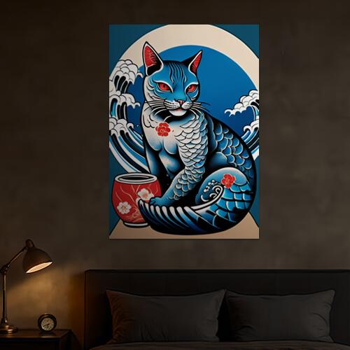猫 波 花 陶器 和風 タペストリー 和柄 日本画風 男気 大和魂 厳つい インテリア 大きい 縦型 縦配信 ..