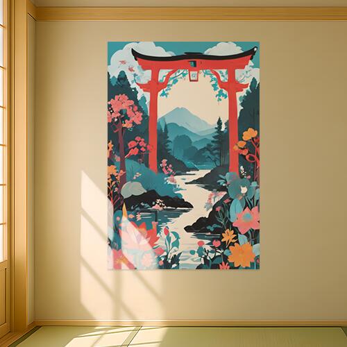 鳥居 山 川 花 木 タペストリー 和柄 和風 日本画風 男気 大和魂 厳つい インテリア 大きい 縦型 縦配信 撮影背景 壁掛け 大判 長方形 壁布 赤 青 ピンク