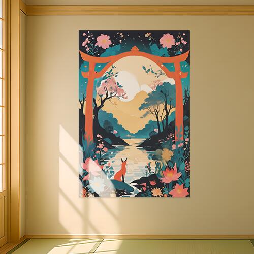 鳥居 キツネ 川 花 木 タペストリー 和柄 和風 日本画風 男気 大和魂 厳つい インテリア 大きい 縦型 縦配信 撮影背景 壁掛け 大判 長方形 壁布 オレンジ ピンク 青