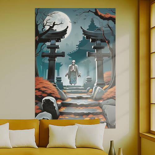 月 寺 骸骨 秋 灯籠 タペストリー 和柄 和風 日本画風 男気 大和魂 厳つい インテリア 大きい 縦型 縦配信 撮影背景 壁掛け 大判 長方形 壁布 青 黒 白