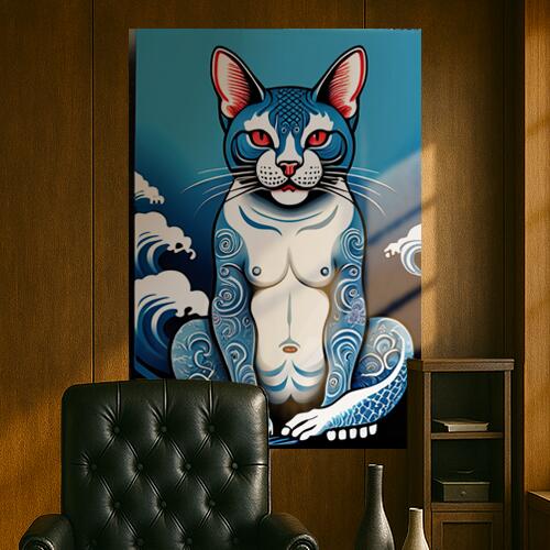 猫 刺青 波 浮世絵 掛け軸 タペストリー 和柄 和風 日本画風 男気 大和魂 厳つい インテリア 大きい 縦型 縦配信 撮影背景 壁掛け 大判 長方形 壁布 青 白 赤