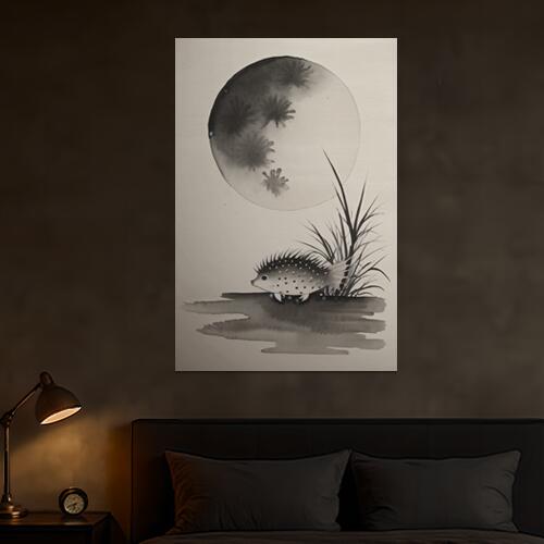 フグ 月 水墨画 植物 和風 タペストリー 和柄 日本画風 男気 大和魂 厳つい インテリア 大きい 縦型 縦配信 撮影背景 壁掛け 大判 長方形 壁布 黒 白 グレー