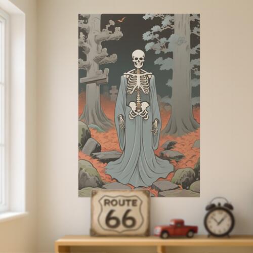 骸骨 墓地 木 ローブ ハロウィン タペストリー 和柄 和風 日本画風 男気 大和魂 厳つい インテリア 大きい 縦型 縦配信 撮影背景 壁掛け 大判 長方形 壁布 グレー 白 オレンジ