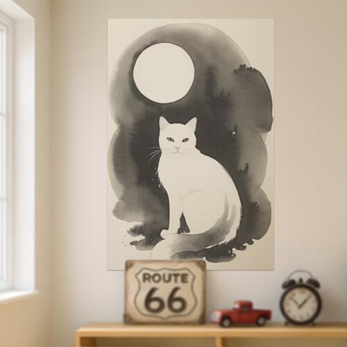 猫 月 水墨画 和風 静寂 タペストリー 和柄 日本画風 男気 大和魂 厳つい インテリア 大きい 縦型 縦配信 撮影背景 壁掛け 大判 長方形 壁布 白 黒 グレー