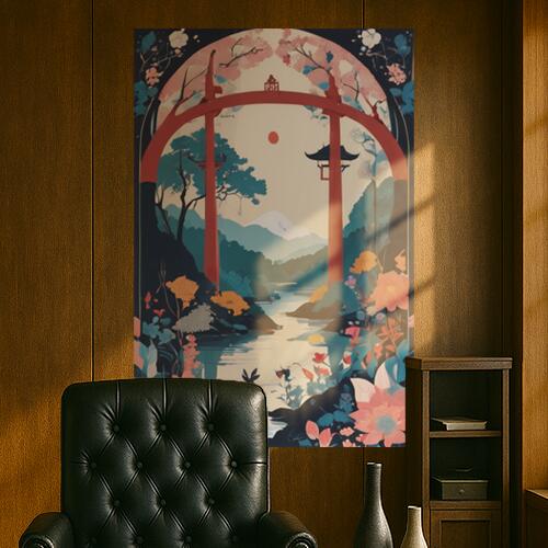 鳥 川 山 花 門 タペストリー 和柄 和風 日本画風 男気 大和魂 厳つい インテリア 大きい 縦型 縦配信 ..